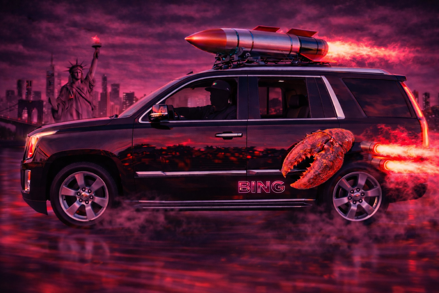 Rocket-powered Cadillac Escalade in hot pink and black, representing AI-powered productivity speed