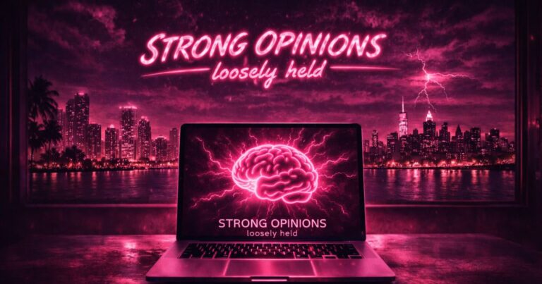 Strong Opinions header image for built.wtf blog post about experience-driven leadership and adaptability