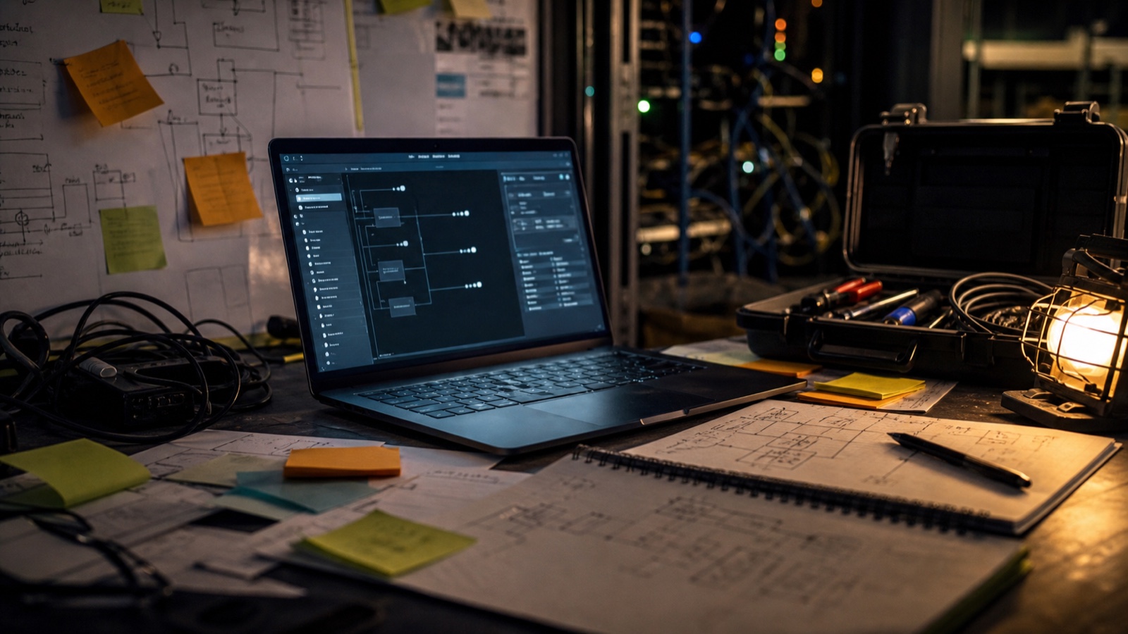 A laptop, process sketches, cables, and field tools on a messy technical workbench, showing practical systems work under uncertainty.