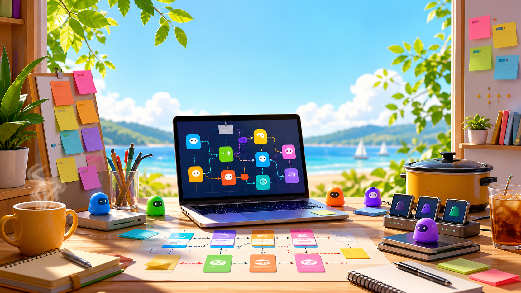 Bright summer desk scene with colorful AI agent workflow cards for The Month That Got Away